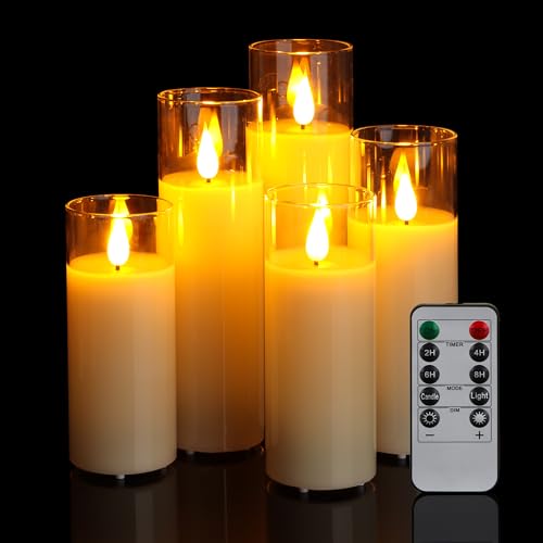 FREEPOWER 5er LED Kerzen im Glas, Echtes Wachs, Flammenlose Kerzen mit Fernbedienung Timer Flackern Batteriebetrieben Stumpenkerzen Warmweiß, Ø5.3 x 13/14/16/18/20cm