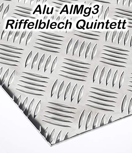 Alublech Riffelblech Quintett 2-4 mm 3,5-5 mm dick Aluminiumblech ALMg3 Zuschnitt inkl Folie, Größe nach Maß Alu Neu (500 mm x 400 mm, 3,5-5 mm)