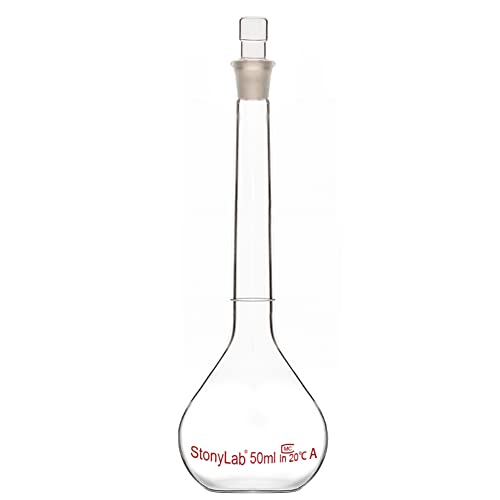stonylab Glas Messkolben Klasse A Volumetric Flask mit Glasstopfen, Borosilikatglas-Schwerwand-Messkolben-Toleranz ±0.05 ml - 50 ml