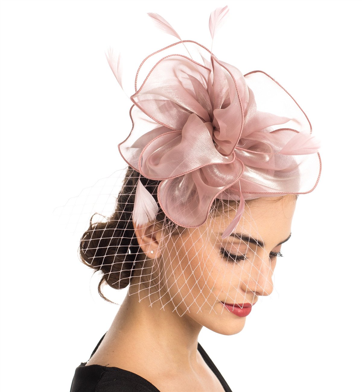 Fascinator Hut Feder Mesh Netz Schleier Party Hut Ascot Hüte Blume Derby Hut mit Clip und Haarband für Frauen, A2-Floral Mesh pink, M