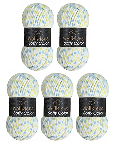 Wollbiene Softy Color 5 x 100 Gramm Chenillewolle Strickwolle, Babywolle, 500 Gramm Wolle Super Bulky (weiß-blau-gelb 114)