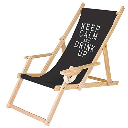 Holz-Liegestuhl Klappbar Klappliegestuhl mit Armlehne und Getränkehalter Strandstuhl Motiv Schwarz Keep Calm [119]