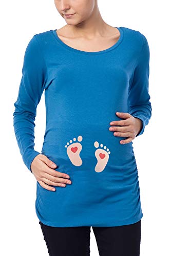 Fußabdrücke Baby mit Herz - Lustige witzige süße Umstandsmode Umstandsshirt mit Motiv für die Schwangerschaft Schwangerschaftsshirt, Langarm (Dunkelblau, Medium)