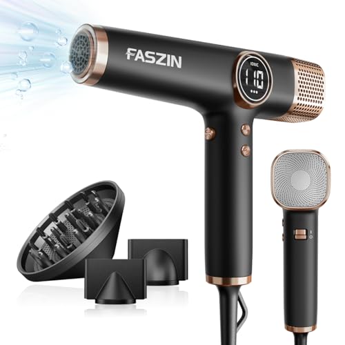 Faszin Hair Dryer, Lightweight Hairdryer with 110,000 RPM High Speed Motor for Fast Drying, 200 Million Ionic Hairdryers for Women & Men, Low Noise Hairdryer, with 3 Magnetic Nozzle