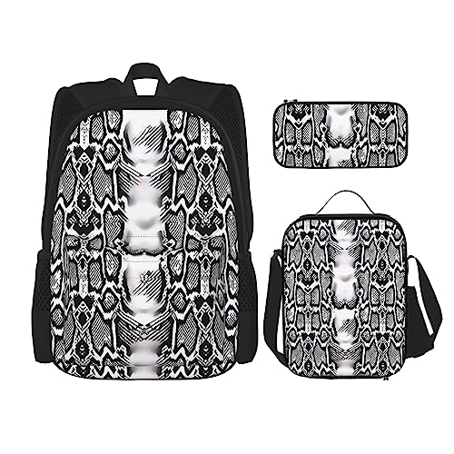 PartyUnix Rucksack mit Schlangenhaut-Aufdrucken, 3-teilig, mit Brotdose und Federmäppchen, geeignet für Jungen und Mädchen, Schwarz / Weiß, Schwarz , Einheitsgröße, Kinderrucksack