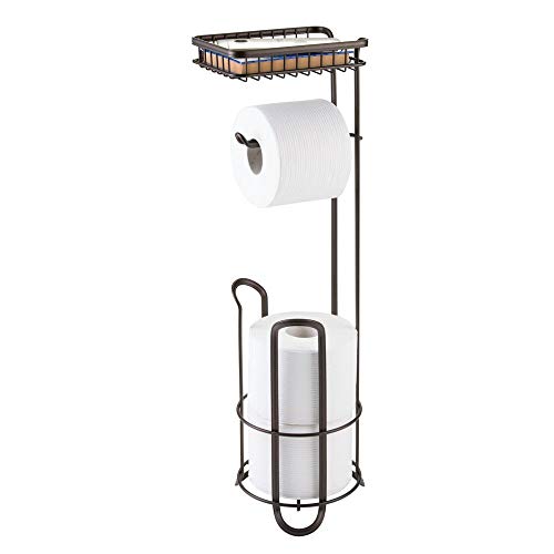 mDesign Toilettenpapierhalter ohne Bohren - Klorollenhalter fürs Badezimmer - Farbe: Bronze - Papierrollenhalter mit Bürste und Regal