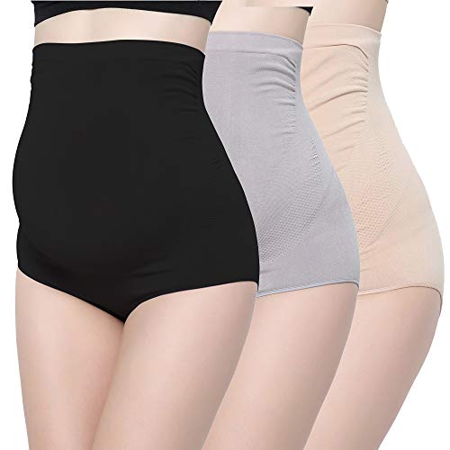 MANCI Damen Ultra High Waist Schwangerschafts-Slip Bambusfaser Umstandskleidung Unterwäsche für Schwangerschaft (Schwarz+Grau+Nackt, L(Fit für 66kg-90kg Mutter))