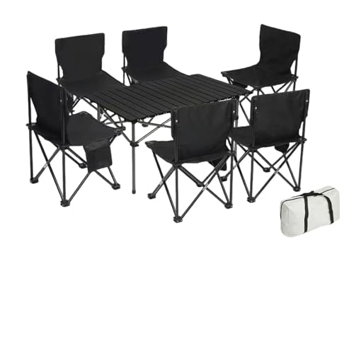 Outdoor-Tische mit Stühlen, Aluminiumlegierung, tragbar, zusammenklappbar, mit Kabel, leicht, Freizeit, Eierbrötchen, Tisch, Camping, Picknick, lang, 7-teiliges Set B