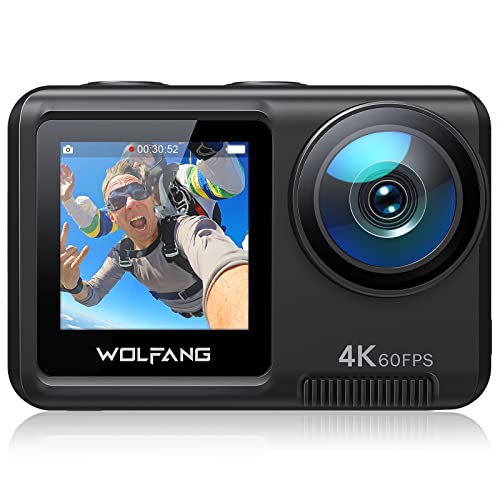 WOLFANG GA400 Action Cam 4K 60FPS wasserdichte Ultra HD WiFi Unterwasserkamera EIS Bildstabilisator Touchscreen Helmkamera (Fernbedienung, 2 x 1350mAh Akkus und Zubehör Kit)