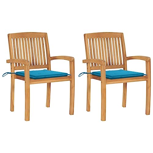 WRJENFSC Esszimmerstühle für die Terrasse Outdoor-Rasenstuhl Bistro-Stuhl Liegestuhl Gartenstühle 2 STK. mit Blauen Kissen Massivholz Teak Geeignet für Rasen, Strand, Swimmingpool, Garten