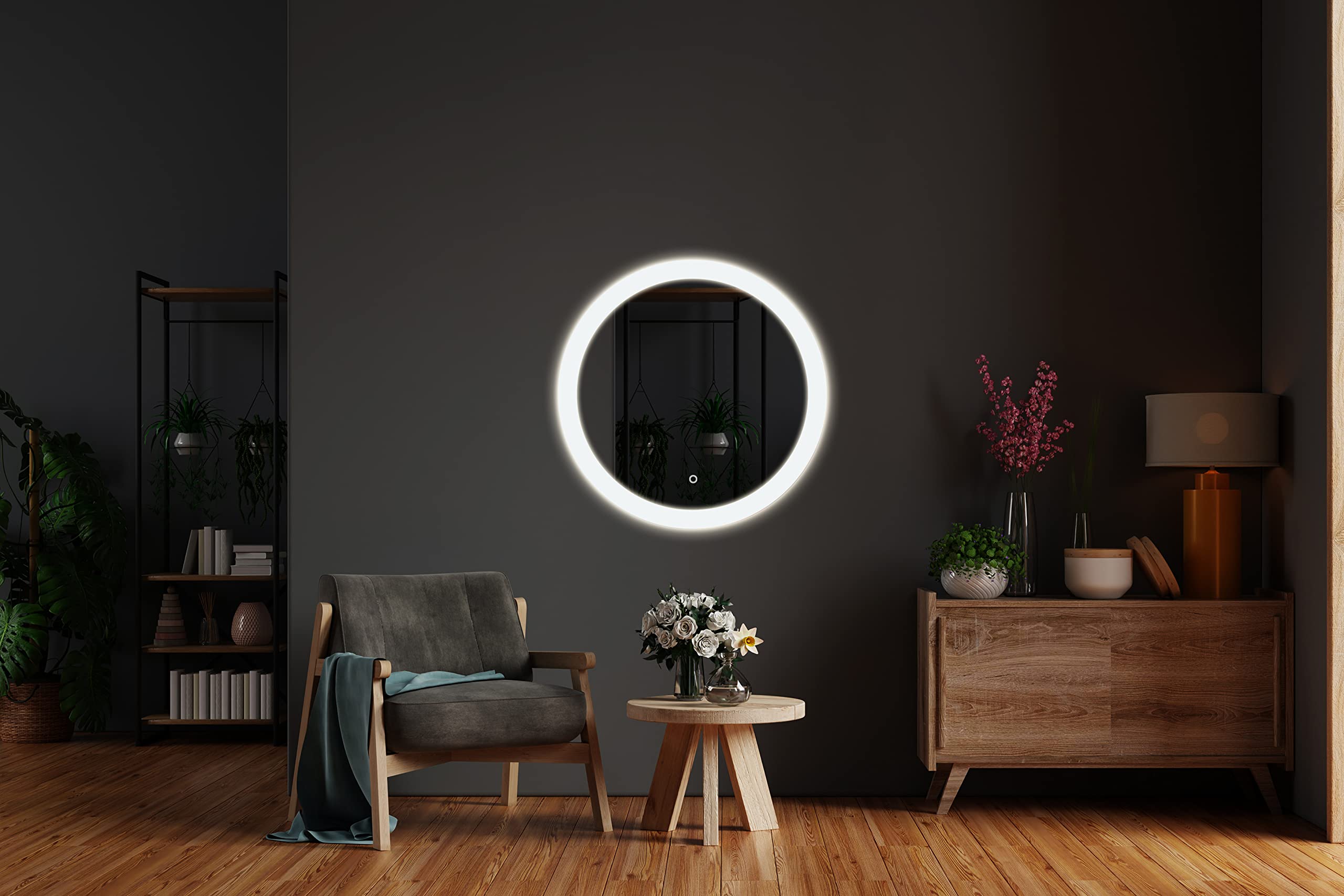 Zalena Round I polierte Kanten LED Badezimmer Licht Spiegel mit Touch-Schalter, Silber, Ø 60 cm