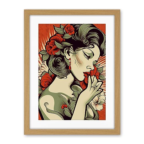 Femme Fatale Roses Pin Up Rockabilly Americana 50s Artwork Framed Wall Art Print 18X24 Inch