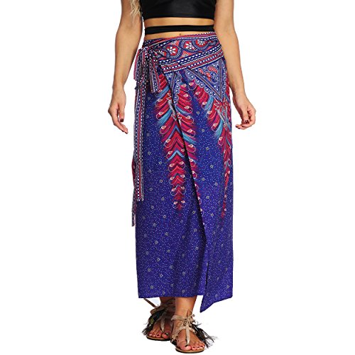 Nuofengkudu Damen Lange Hippie Rocke Luftige Boho Thai Muster Binden Taille Elegante Zigeuner Maxi Röcke Skirts Violett Pfau