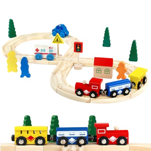 Holzeisenbahn Eisenbahn Kinder Set Zug & Holz Eisenbahnen 33Pcs Lernspiele Kinder Geschenke für 3 4 5 6 Jahre Jungen Mädchen
