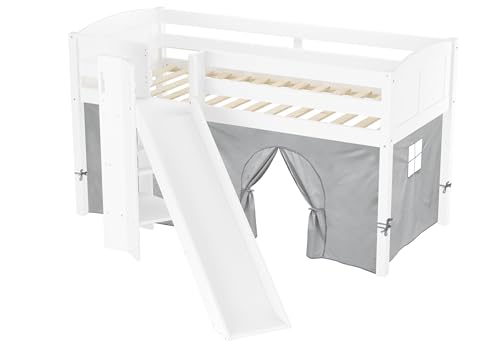 Erst-Holz Schönes Spielbett für Kinder mit Rutsche 90x200 cm Kiefer weiß V-60.21W-09, Ausstattung:mit Vorhang grau