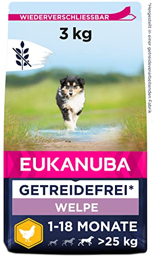 Eukanuba Welpenfutter getreidefrei mit Huhn für große Rassen - Trockenfutter ohne Getreide für Junior Hunde, 3 kg