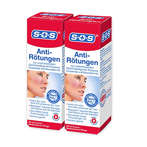 SOS Anti-Rötungen Medizinische Gesichtscreme, 2 x 50 ml, unterstützende Tagescreme bei Rosacea, Couperose & Neurodermitis, Rosacea Gesichtspflege mit MicroSilber gegen Entzündungen
