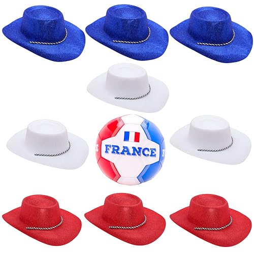 Toyland® Frankreich-Themen-Fußballpaket –1 x Fußball(3,6 kg/Größe 5) und 9 glitzernde Cowboyhüte–3 blaue,3 rote & 3 weiße (34 cm/13 Zoll)–perfekt für Euros,Weltmeisterschaft und Festival