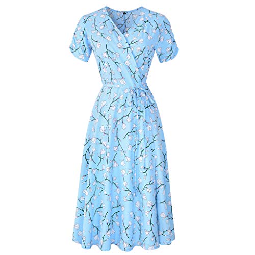 KPILP Midi-Kleid für Damen, kurzärmlig, V-Ausschnitt, Blumenmuster, Sommerkleid, Strandkleid, Knielang, Party, hohe Taille, Übergröße Gr. 50, blau