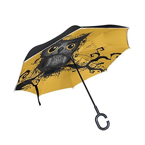 ISAOA Doppelschichtiger umgekehrter faltbarer Regenschirm, selbststehender und umgekehrter Autoschirm, rauer Grungy Eule, winddichter Regenschirm, mit UV-Schutz