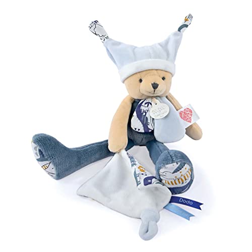 Doudou et Compagnie - Les Petits Futés – Kuscheltier Bär blau 3 Geschichten – Blau – 35 cm – Geschenk zur Geburt – DC4062