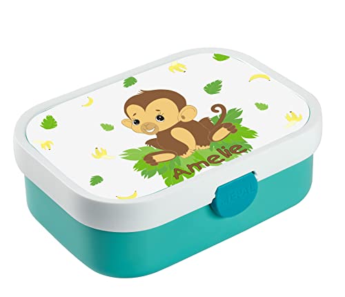 CreaDesign, Brotdose Kinder mit Fächern personalisiert Lunchbox Türkis mit Bento Einsatz, Brotbox mit Unterteilung Affe