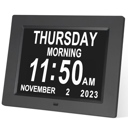 【2021 Neueste Version】 20.3 cm Digitaler Tageskalenderuhr, 8 Alarm-Erinnerungen, automatische Dimmung, extra großes Tages-, Datums-, Monats-, Sehbehinderungen, Gedächtnisverlust
