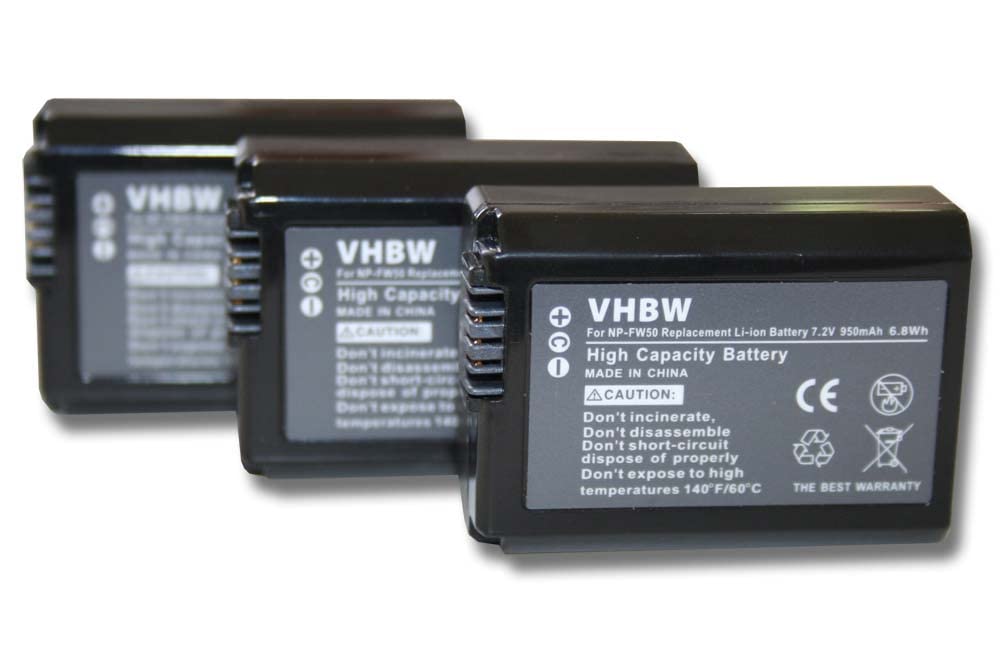 vhbw 3X Akku kompatibel mit Sony Alpha 6100, 6300, 6400, 6500 Kamera (950mAh, 7,2V, Li-Ion) mit Infochip