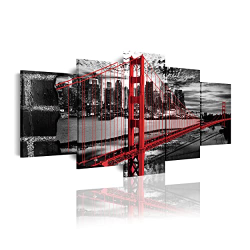 DekoArte 278 - Modernes Bild, digitalisierter Kunstdruck | Dekoratives Bild für den Salon oder das Schlafzimer | Stil Städte USA Golden Gate Bridge schwarz weiβ rot | 5 Teile 200 x 100 cm XXL