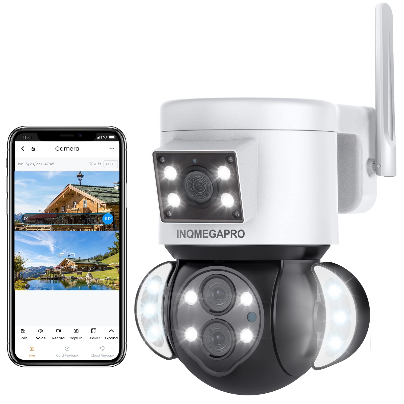 INQMEGAPRO 4K PTZ Überwachungskamera Aussen mit Dual-Objektiv, 2.4GHz WLAN, 6X Optischem Zoom, Farbnachtsicht, Auto-Tracking, 2-Wege-Audio, Multi-User-Sharing
