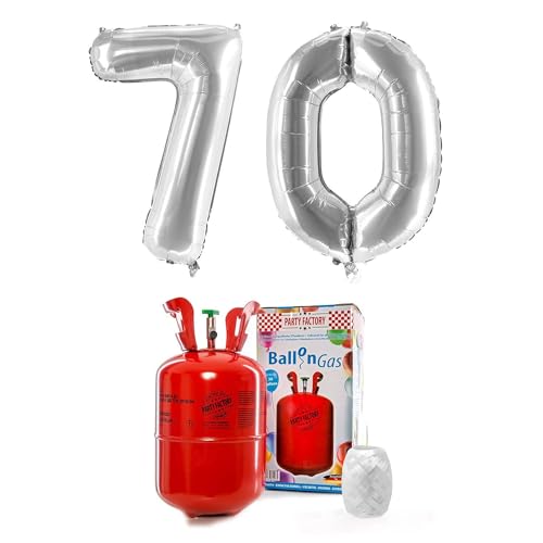 PARTY FACTORY Helium Set "70" mit XXL Zahlenballons, Ballongas und Ballonschnur - für Geburtstag, Jubiläum, Jahrestag; Gold, Silber, Schwarz, Pink, Rosa, Rosagold, Bunt (Silber)