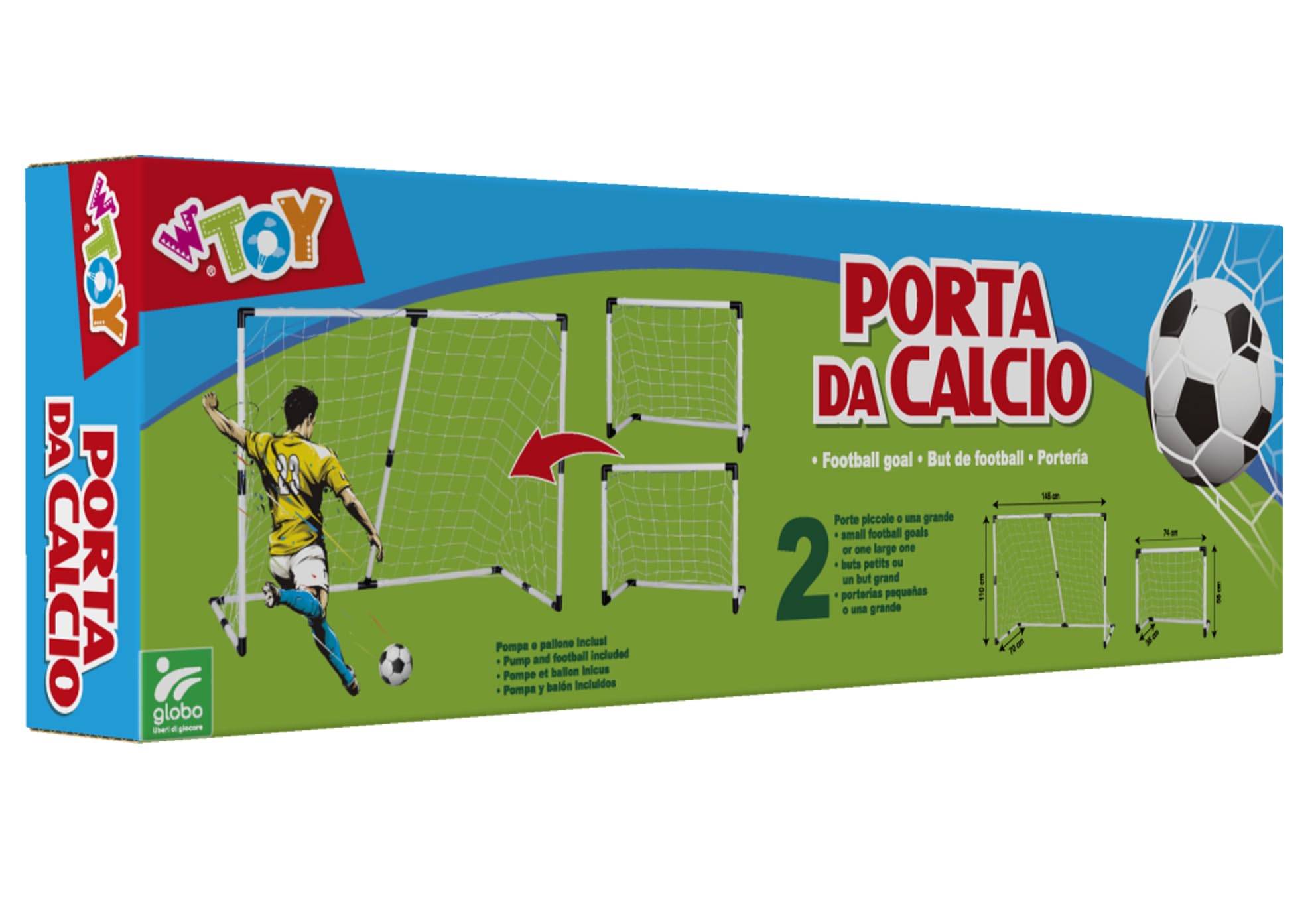 Mini-Fußballtor verstellbar – 2 Größen in 1 – umwandelbar von 74 cm bis 145 cm Breite – Ball und Pumpe enthalten – Globus Toys – WToy 41213