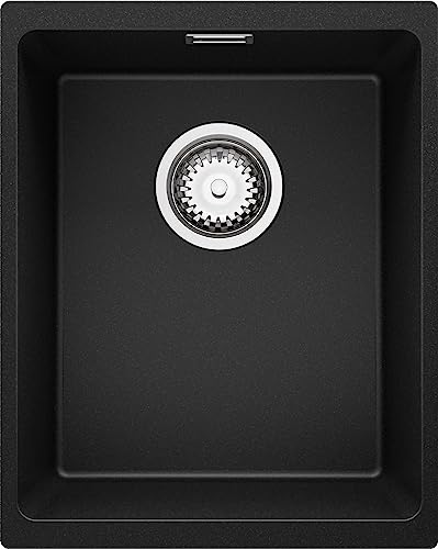 Unterbauspüle Schwarz 36 x 45 cm, Granitspüle + Siphon Klassisch, Spülbecken ab 40er Unterschrank, Küchenspüle von Primagran
