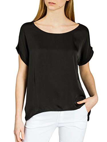 Caspar BLU017 leichte Elegante Damen Seidenglanz Kurzarm Sommer Shirtbluse, Farbe:schwarz, Größe:M/L