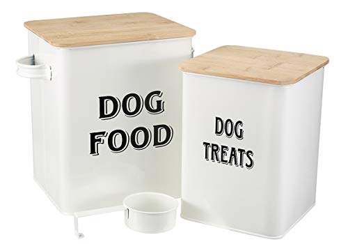 Pethiy - Hundefutter und Hundeleckerlis Behälter,Futtertonne mit Schaufel,Eng anliegende Holzdeckel,beschichteter Kohlenstoffstahl ,Aufbewahrungsbehälter Dosen,vorratsbehälter für hundefutter -Weiß