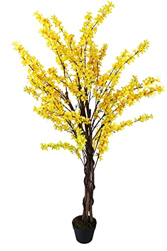 Arnusa Kunstpflanze Winter Jasmin 160 cm Blütenbaum künstliche Pflanze Kunstbaum große Pflanze Echtholz-Stamm Gelb Dekoration fertig im schweren Topf