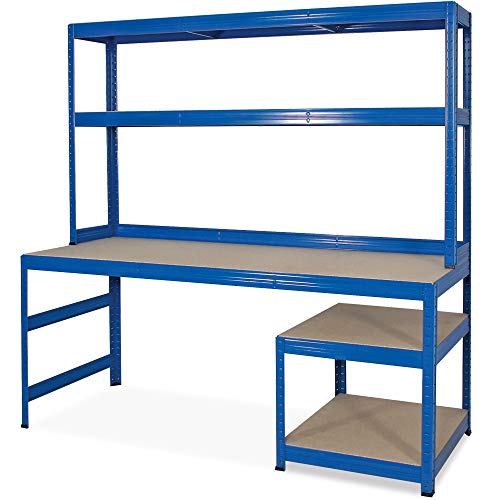Packtisch / Werkbank mit Aufbau und Unterbau, BxTxH 1800x600/300x1800 mm, blau