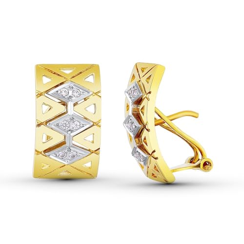 Bicolor Gold Ohrringe 18K Frauen 19mm. Detail gezogene Rhombus -Entwürfe
