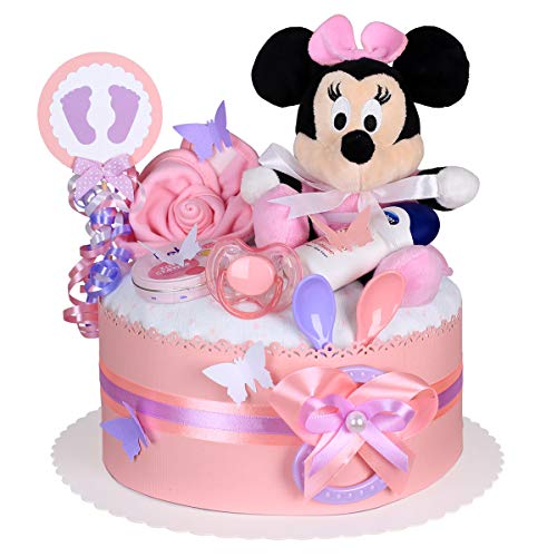 MomsStory - Windeltorte Mädchen | Minnie Mouse Disney | Baby-Geschenk zur Geburt Taufe Babyshower | 1 Stöckig (Rosa) mit Plüschtier Lätzchen Schnuller & mehr