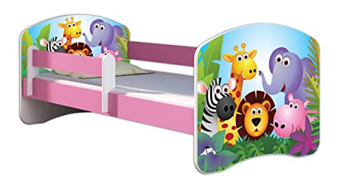 Kinderbett Jugendbett mit einer Schublade und Matratze Rausfallschutz Rosa 70 x 140 80 x 160 80 x 180 ACMA II (01 Zoo, 80 x 160 cm)
