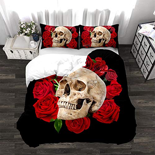 Timiany 3D Skull Gotisch 3 Teilig Bettwäsche-Set,Mikrofaser Halloween Teufel Thema Gotisches Bettbezug Set220×240cm+ 2 Kissenbezüge 80×80cm (Rose Totenkopf,220x240+50x75)