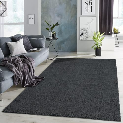 carpet city Shaggy Hochflor Wohnzimmer Teppich - 160x225 cm - Einfarbig Anthrazit - Flauschig-Weich - Modern - Langflor Schlafzimmer-Teppiche Pflegeleicht
