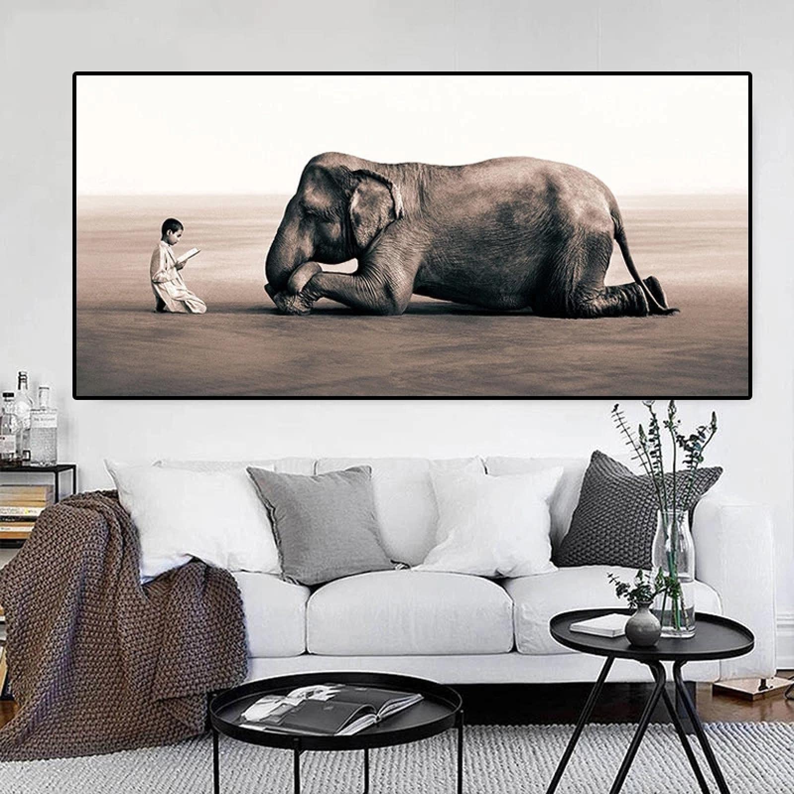 Modernes abstraktes Leinwandbild, Elefant, lesender Junge, der sich voreinander verbeugt, Posterdruck, implizites Wandkunstbild, Wohnkultur, 50 x 102 cm (20 x 40 Zoll) mit Rahmen