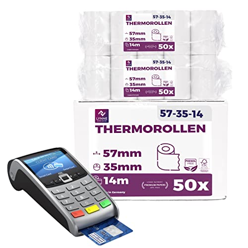 Ec-Cash Thermorollen 57mm x 14m x 12mm - Kassenrollen - Thermopapier - Bonrollen für Bankomat und Kredit-Kartenlesegeräte (EC-Cash - 57x35x12 - 14 Meter - 50 Rollen)