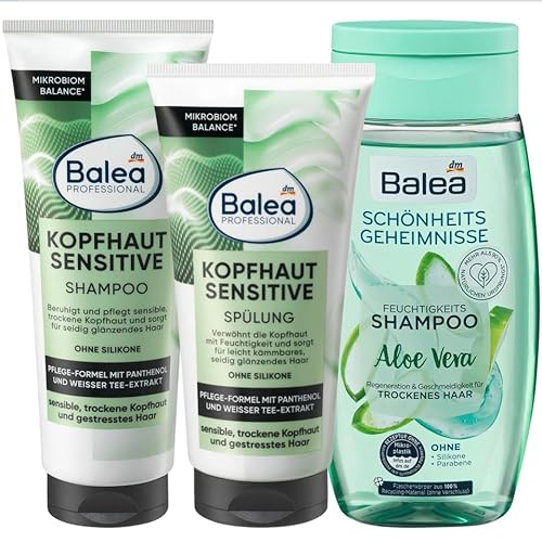 Balea 3er-Set Haarpflege: Professional Shampoo KOPFHAUT SENSITIVE sensible trockene Kopfhaut (250 ml) + Spülung KOPFHAUT SENSITIVE (200 ml) + Schönheitsgeheimnisse Shampoo ALOE VERA (250 ml), 700 ml
