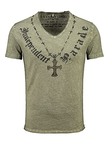 Key Largo Herren vintage Look T-Shirt Independent Kreuz Nieten Print v-neck tiefer V-Ausschnitt Slimfit, Grösse:M;Farbe:Grün