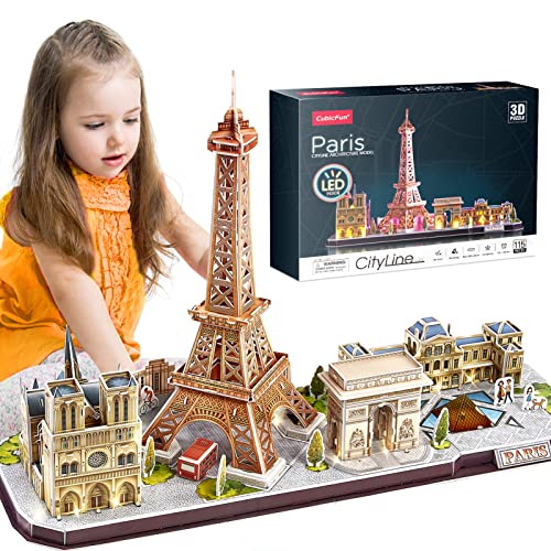 CubicFun 3D Puzzle Paris, France LED CityLine Eiffelturm, Notre Dame de Paris, Louvre, Arc de Triomphe-Deko-Kits und Souvenirgeschenk, 115 Stück