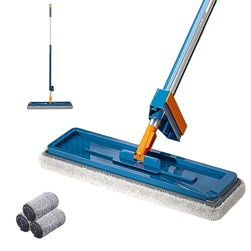 Großer 42cm Flachmop, Large Flat Mop, 360° Drehgelenk Flacher Wischmopp, Bodenwischer Set mit 2/3 Mikrofaserpads, Entwässerungsschabermopp für Hartholz Laminat Fliesen (Mit 3 Pads)