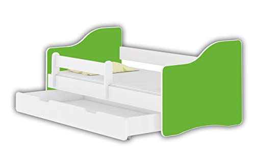 Jugendbett Kinderbett mit einer Schublade mit Rausfallschutz und Matratze Weiß ACMA HAPPY 140x70 160x80 180x80 (Grün, 160x80 cm + Schublade)