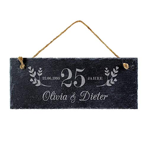 Casa Vivente Schiefertafel mit Gravur zur Silberhochzeit, Motiv 25 Jahre personalisiert mit Namen und Datum, Türschild als Geschenkidee für Paare